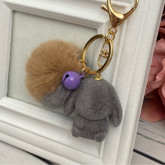 Gray Felt Bunny Rabbit Charm with Gray Pom Pom Keychain - Picture 4 of 11